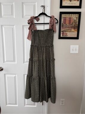 Smocked Tiered Maxi Dress with Tie Shoulder Straps - Olive Green and Dusty Rose